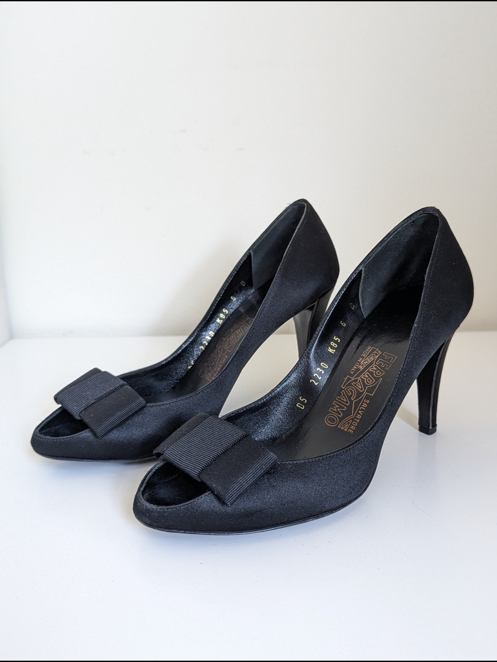 Salvatore Ferragamo Black Satin Peep-Toe Pumps with Bow